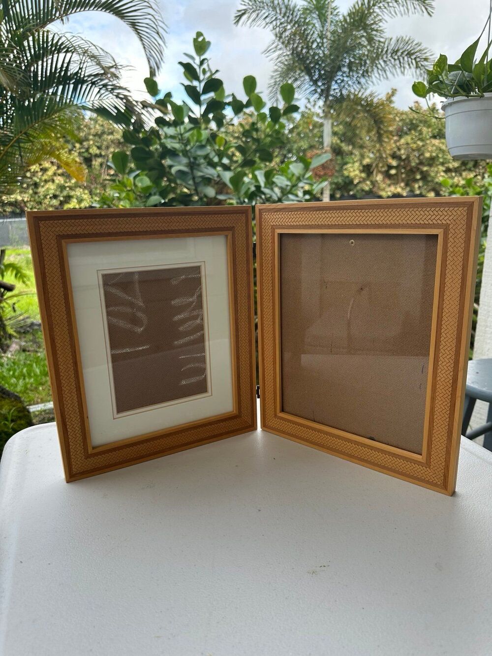 Engraved Lauhala Inspired Woven Wooden Hinged Double Photo Picture Frames 8x10